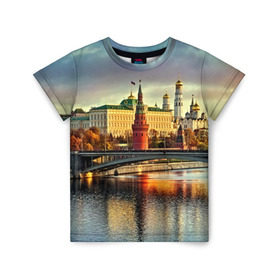 Детская футболка 3D с принтом Москва река в Тюмени, 100% гипоаллергенный полиэфир | прямой крой, круглый вырез горловины, длина до линии бедер, чуть спущенное плечо, ткань немного тянется | Тематика изображения на принте: kremlin | moscow | russia | город | кремль | москва | ночь | огни | река