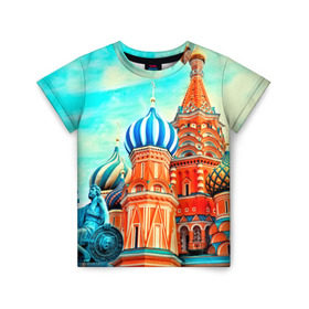 Детская футболка 3D с принтом Moscow Russia в Тюмени, 100% гипоаллергенный полиэфир | прямой крой, круглый вырез горловины, длина до линии бедер, чуть спущенное плечо, ткань немного тянется | Тематика изображения на принте: kremlin | moscow | russia | город | кремль | москва | ночь | огни | река