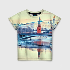 Детская футболка 3D с принтом Река Москва в Тюмени, 100% гипоаллергенный полиэфир | прямой крой, круглый вырез горловины, длина до линии бедер, чуть спущенное плечо, ткань немного тянется | Тематика изображения на принте: kremlin | moscow | russia | город | кремль | москва | ночь | огни | река