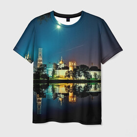 Мужская футболка 3D с принтом Ночная Москва в Тюмени, 100% полиэфир | прямой крой, круглый вырез горловины, длина до линии бедер | Тематика изображения на принте: kremlin | moscow | russia | город | кремль | москва | ночной город | ночь | огни | река