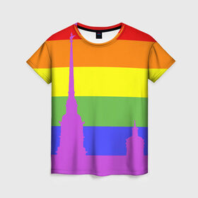 Женская футболка 3D с принтом Радужный флаг в Тюмени, 100% полиэфир ( синтетическое хлопкоподобное полотно) | прямой крой, круглый вырез горловины, длина до линии бедер | Тематика изображения на принте: город | любовь | отношения | радуга | сердце | сталица | флаг