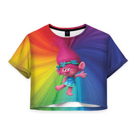Женская футболка 3D укороченная с принтом Розочка тролли в Тюмени, 100% полиэстер | круглая горловина, длина футболки до линии талии, рукава с отворотами | trolls | детям | мультик | мультики | мультфильм | мультфильмы | радуга | разноцветные | разные цвета | розочка | тролли | тролль | цветные