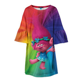 Детское платье 3D с принтом Розочка тролли в Тюмени, 100% полиэстер | прямой силуэт, чуть расширенный к низу. Круглая горловина, на рукавах — воланы | trolls | детям | мультик | мультики | мультфильм | мультфильмы | радуга | разноцветные | разные цвета | розочка | тролли | тролль | цветные