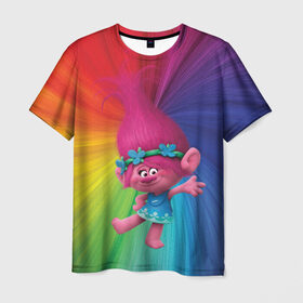Мужская футболка 3D с принтом Розочка тролли в Тюмени, 100% полиэфир | прямой крой, круглый вырез горловины, длина до линии бедер | trolls | детям | мультик | мультики | мультфильм | мультфильмы | радуга | разноцветные | разные цвета | розочка | тролли | тролль | цветные