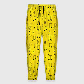 Мужские брюки 3D с принтом Ноты в Тюмени, 100% полиэстер | манжеты по низу, эластичный пояс регулируется шнурком, по бокам два кармана без застежек, внутренняя часть кармана из мелкой сетки | Тематика изображения на принте: желтый | музыка