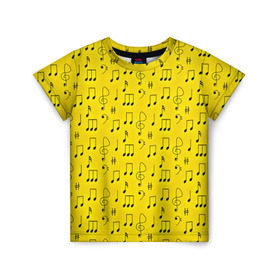 Детская футболка 3D с принтом Ноты в Тюмени, 100% гипоаллергенный полиэфир | прямой крой, круглый вырез горловины, длина до линии бедер, чуть спущенное плечо, ткань немного тянется | Тематика изображения на принте: желтый | музыка