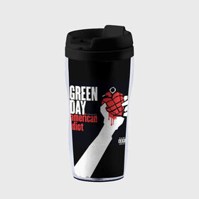 Термокружка-непроливайка с принтом Green Day 3 в Тюмени, внутренняя часть — пищевой пластик, наружная часть — прозрачный пластик, между ними — полиграфическая вставка с рисунком | объем — 350 мл, герметичная крышка | american idiot | green day | грин дей | грин дэй