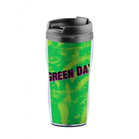 Термокружка-непроливайка с принтом Green Day 1 в Тюмени, внутренняя часть — пищевой пластик, наружная часть — прозрачный пластик, между ними — полиграфическая вставка с рисунком | объем — 350 мл, герметичная крышка | american idiot | green day | грин дей | грин дэй