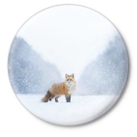 Значок с принтом лесная красотка в Тюмени,  металл | круглая форма, металлическая застежка в виде булавки | зима | лес | лиса | рыжая | снег | тайга