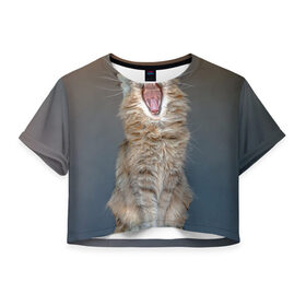 Женская футболка 3D укороченная с принтом Мартовский кот в Тюмени, 100% полиэстер | круглая горловина, длина футболки до линии талии, рукава с отворотами | кот | кошка | март | пасть | усы