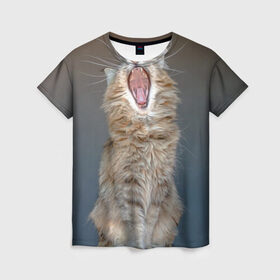 Женская футболка 3D с принтом Мартовский кот в Тюмени, 100% полиэфир ( синтетическое хлопкоподобное полотно) | прямой крой, круглый вырез горловины, длина до линии бедер | кот | кошка | март | пасть | усы