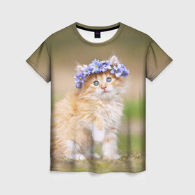Женская футболка 3D с принтом Веночек в Тюмени, 100% полиэфир ( синтетическое хлопкоподобное полотно) | прямой крой, круглый вырез горловины, длина до линии бедер | Тематика изображения на принте: василёк | венок | котёнок | кошка | цветок