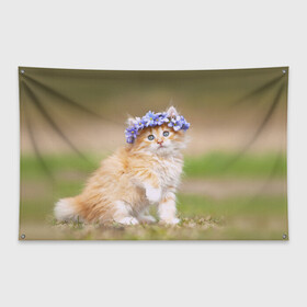 Флаг-баннер с принтом Веночек в Тюмени, 100% полиэстер | размер 67 х 109 см, плотность ткани — 95 г/м2; по краям флага есть четыре люверса для крепления | василёк | венок | котёнок | кошка | цветок