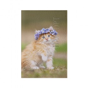 Обложка для паспорта матовая кожа с принтом Веночек в Тюмени, натуральная матовая кожа | размер 19,3 х 13,7 см; прозрачные пластиковые крепления | Тематика изображения на принте: василёк | венок | котёнок | кошка | цветок