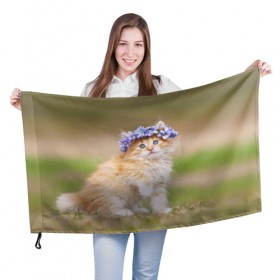 Флаг 3D с принтом Веночек в Тюмени, 100% полиэстер | плотность ткани — 95 г/м2, размер — 67 х 109 см. Принт наносится с одной стороны | Тематика изображения на принте: василёк | венок | котёнок | кошка | цветок