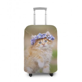 Чехол для чемодана 3D с принтом Веночек в Тюмени, 86% полиэфир, 14% спандекс | двустороннее нанесение принта, прорези для ручек и колес | Тематика изображения на принте: василёк | венок | котёнок | кошка | цветок