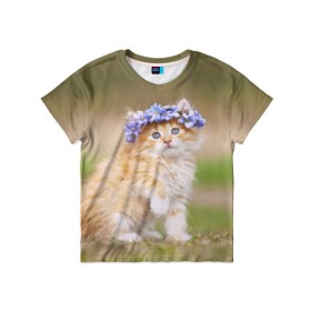 Детская футболка 3D с принтом Веночек в Тюмени, 100% гипоаллергенный полиэфир | прямой крой, круглый вырез горловины, длина до линии бедер, чуть спущенное плечо, ткань немного тянется | василёк | венок | котёнок | кошка | цветок