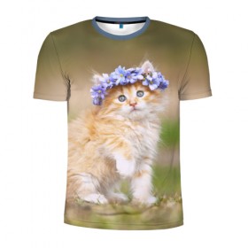 Мужская футболка 3D спортивная с принтом Веночек в Тюмени, 100% полиэстер с улучшенными характеристиками | приталенный силуэт, круглая горловина, широкие плечи, сужается к линии бедра | василёк | венок | котёнок | кошка | цветок