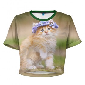 Женская футболка 3D укороченная с принтом Веночек в Тюмени, 100% полиэстер | круглая горловина, длина футболки до линии талии, рукава с отворотами | Тематика изображения на принте: василёк | венок | котёнок | кошка | цветок