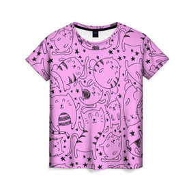 Женская футболка 3D с принтом котейки в Тюмени, 100% полиэфир ( синтетическое хлопкоподобное полотно) | прямой крой, круглый вырез горловины, длина до линии бедер | cat | кот | котейки | котик | кошка | рисунок | розовый
