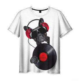 Мужская футболка 3D с принтом собака-меломан в Тюмени, 100% полиэфир | прямой крой, круглый вырез горловины, длина до линии бедер | бульдог | красный | музыка | наушники | очки | пластинка | собака | черный