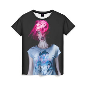 Женская футболка 3D с принтом девушка с розовыми волосами в Тюмени, 100% полиэфир ( синтетическое хлопкоподобное полотно) | прямой крой, круглый вырез горловины, длина до линии бедер | волосы | девушка | мода | парик | перья | розовый | стиль | череп | этника | этно