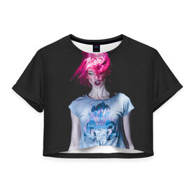 Женская футболка 3D укороченная с принтом девушка с розовыми волосами в Тюмени, 100% полиэстер | круглая горловина, длина футболки до линии талии, рукава с отворотами | волосы | девушка | мода | парик | перья | розовый | стиль | череп | этника | этно