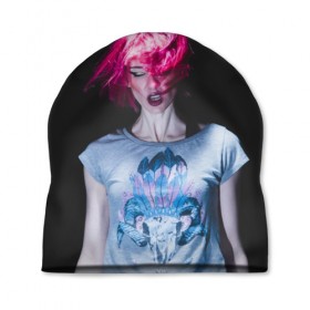Шапка 3D с принтом девушка с розовыми волосами в Тюмени, 100% полиэстер | универсальный размер, печать по всей поверхности изделия | волосы | девушка | мода | парик | перья | розовый | стиль | череп | этника | этно