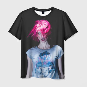 Мужская футболка 3D с принтом девушка с розовыми волосами в Тюмени, 100% полиэфир | прямой крой, круглый вырез горловины, длина до линии бедер | Тематика изображения на принте: волосы | девушка | мода | парик | перья | розовый | стиль | череп | этника | этно