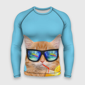 Мужской рашгард 3D с принтом котэ на отдыхе в Тюмени,  |  | кот | котик | лето | море | отдых | очки | пальмы | пляж | рыжий кот | солнце