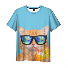 Мужская футболка 3D с принтом котэ на отдыхе в Тюмени, 100% полиэфир | прямой крой, круглый вырез горловины, длина до линии бедер | Тематика изображения на принте: кот | котик | лето | море | отдых | очки | пальмы | пляж | рыжий кот | солнце