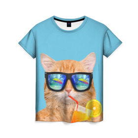 Женская футболка 3D с принтом котэ на отдыхе в Тюмени, 100% полиэфир ( синтетическое хлопкоподобное полотно) | прямой крой, круглый вырез горловины, длина до линии бедер | кот | котик | лето | море | отдых | очки | пальмы | пляж | рыжий кот | солнце