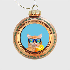 Стеклянный ёлочный шар с принтом котэ на отдыхе в Тюмени, Стекло | Диаметр: 80 мм | кот | котик | лето | море | отдых | очки | пальмы | пляж | рыжий кот | солнце