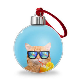 Ёлочный шар с принтом котэ на отдыхе в Тюмени, Пластик | Диаметр: 77 мм | кот | котик | лето | море | отдых | очки | пальмы | пляж | рыжий кот | солнце