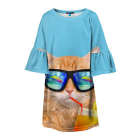 Детское платье 3D с принтом котэ на отдыхе в Тюмени, 100% полиэстер | прямой силуэт, чуть расширенный к низу. Круглая горловина, на рукавах — воланы | кот | котик | лето | море | отдых | очки | пальмы | пляж | рыжий кот | солнце
