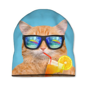 Шапка 3D с принтом котэ на отдыхе в Тюмени, 100% полиэстер | универсальный размер, печать по всей поверхности изделия | Тематика изображения на принте: кот | котик | лето | море | отдых | очки | пальмы | пляж | рыжий кот | солнце