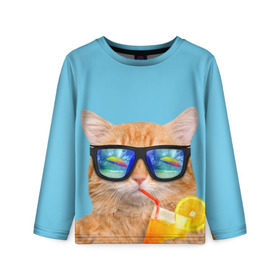 Детский лонгслив 3D с принтом котэ на отдыхе в Тюмени, 100% полиэстер | длинные рукава, круглый вырез горловины, полуприлегающий силуэт
 | Тематика изображения на принте: кот | котик | лето | море | отдых | очки | пальмы | пляж | рыжий кот | солнце