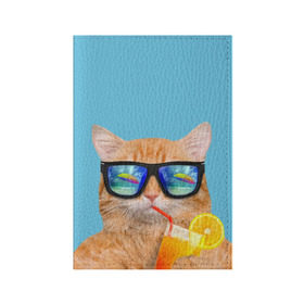 Обложка для паспорта матовая кожа с принтом котэ на отдыхе в Тюмени, натуральная матовая кожа | размер 19,3 х 13,7 см; прозрачные пластиковые крепления | Тематика изображения на принте: кот | котик | лето | море | отдых | очки | пальмы | пляж | рыжий кот | солнце