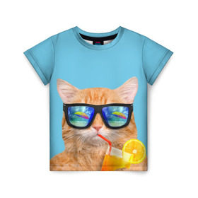 Детская футболка 3D с принтом котэ на отдыхе в Тюмени, 100% гипоаллергенный полиэфир | прямой крой, круглый вырез горловины, длина до линии бедер, чуть спущенное плечо, ткань немного тянется | Тематика изображения на принте: кот | котик | лето | море | отдых | очки | пальмы | пляж | рыжий кот | солнце