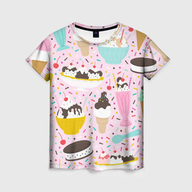 Женская футболка 3D с принтом Ice Cream в Тюмени, 100% полиэфир ( синтетическое хлопкоподобное полотно) | прямой крой, круглый вырез горловины, длина до линии бедер | food | ice cream | вкусно | еда | мороженое