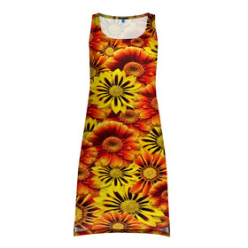 Платье-майка 3D с принтом Цветы в Тюмени, 100% полиэстер | полуприлегающий силуэт, широкие бретели, круглый вырез горловины, удлиненный подол сзади. | flower | оранжевый | цветочки | цветы