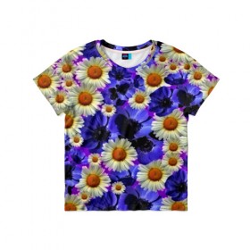 Детская футболка 3D с принтом Цветочки в Тюмени, 100% гипоаллергенный полиэфир | прямой крой, круглый вырез горловины, длина до линии бедер, чуть спущенное плечо, ткань немного тянется | flower | лето | поле | полевой цветок | фиолетовый | цветочки | цветы