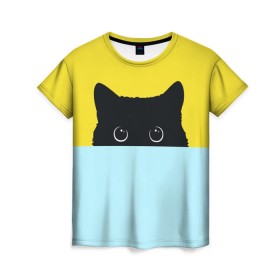 Женская футболка 3D с принтом Moon в Тюмени, 100% полиэфир ( синтетическое хлопкоподобное полотно) | прямой крой, круглый вырез горловины, длина до линии бедер | 3d | cat | kitty | животные | иллюстрация | киса | кот | кот спрятался | котенок | котэ | кошка | минимализм | рисунок | цифровое искусство