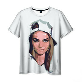 Мужская футболка 3D с принтом Кара Делевинь в Тюмени, 100% полиэфир | прямой крой, круглый вырез горловины, длина до линии бедер | Тематика изображения на принте: девушка | кара | кара делевинь | кепка | модель с бровями