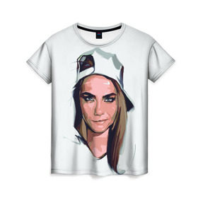 Женская футболка 3D с принтом Кара Делевинь в Тюмени, 100% полиэфир ( синтетическое хлопкоподобное полотно) | прямой крой, круглый вырез горловины, длина до линии бедер | девушка | кара | кара делевинь | кепка | модель с бровями