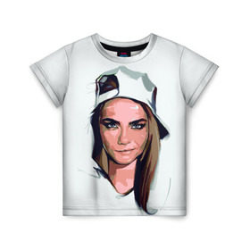Детская футболка 3D с принтом Кара Делевинь в Тюмени, 100% гипоаллергенный полиэфир | прямой крой, круглый вырез горловины, длина до линии бедер, чуть спущенное плечо, ткань немного тянется | девушка | кара | кара делевинь | кепка | модель с бровями
