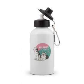 Бутылка спортивная с принтом Маламут в Тюмени, металл | емкость — 500 мл, в комплекте две пластиковые крышки и карабин для крепления | Тематика изображения на принте: маламут | мэл | собака | хаски