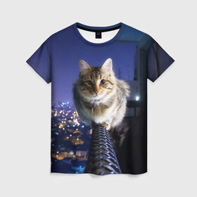 Женская футболка 3D с принтом Киса на балконе в Тюмени, 100% полиэфир ( синтетическое хлопкоподобное полотно) | прямой крой, круглый вырез горловины, длина до линии бедер | cat | kitty | животные | киса | кот | котенок | котэ | кошка