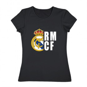 Женская футболка хлопок с принтом Real Madrid - RM/CF (Classic) в Тюмени, 100% хлопок | прямой крой, круглый вырез горловины, длина до линии бедер, слегка спущенное плечо | cf | real | real madrid | rn | мадрид | реал | футбол
