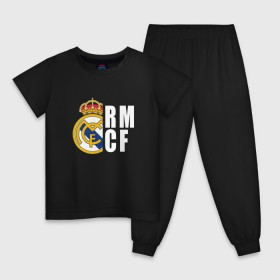 Детская пижама хлопок с принтом Real Madrid - RM/CF (Classic) в Тюмени, 100% хлопок |  брюки и футболка прямого кроя, без карманов, на брюках мягкая резинка на поясе и по низу штанин
 | Тематика изображения на принте: cf | real | real madrid | rn | мадрид | реал | футбол